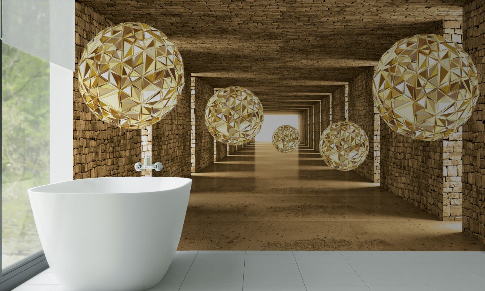 Fototapeten Ein abstraktes Bild von Bällen und Tunnel in goldenen Farbtönen