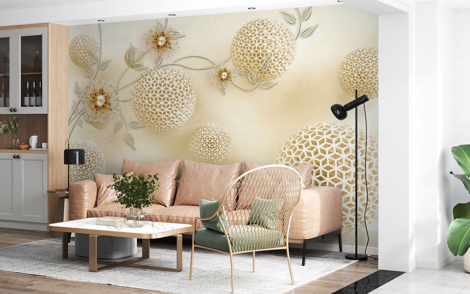 Fototapeten Texturenkugeln in der Luft und weiße Blumen schweben