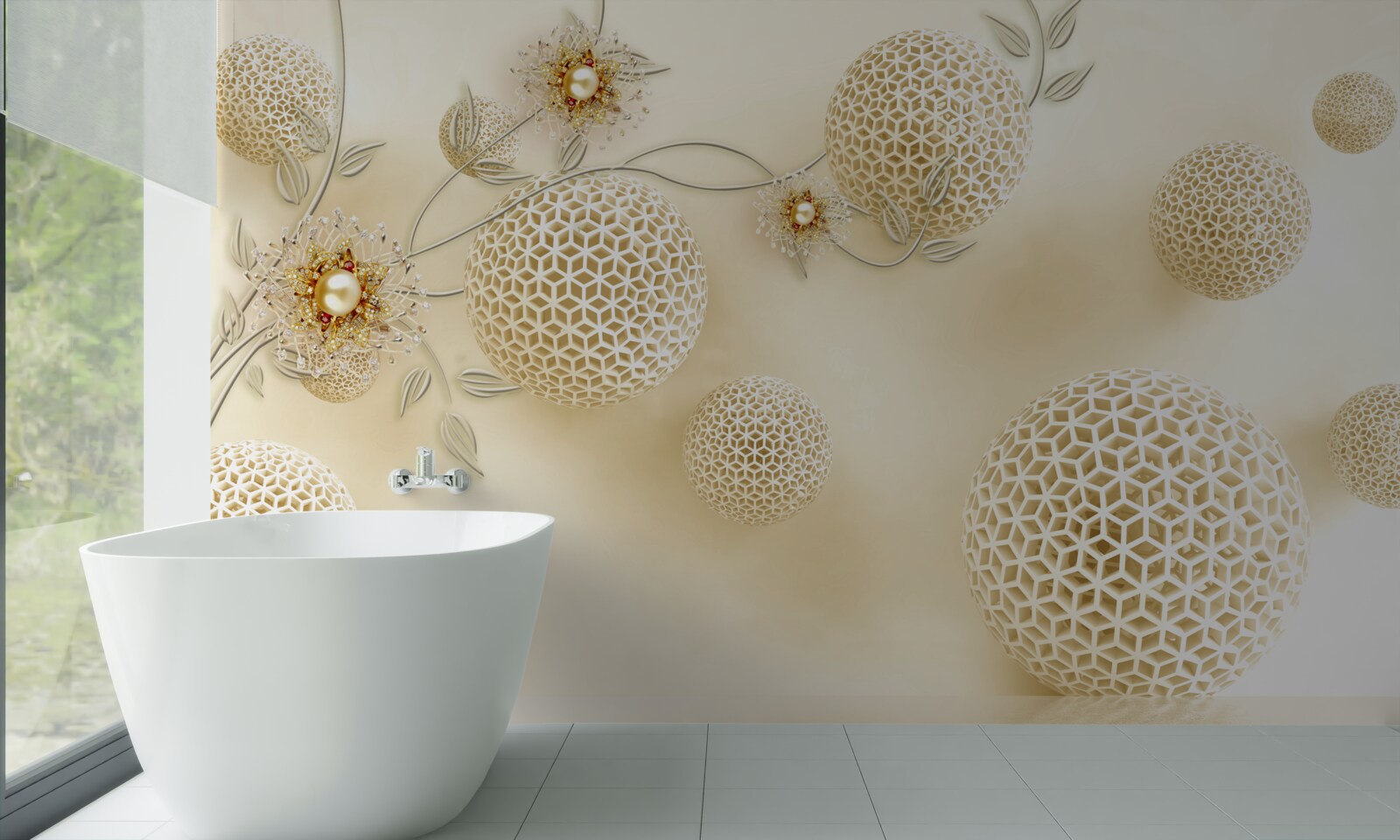 Fototapeten Texturenkugeln in der Luft und weiße Blumen schweben