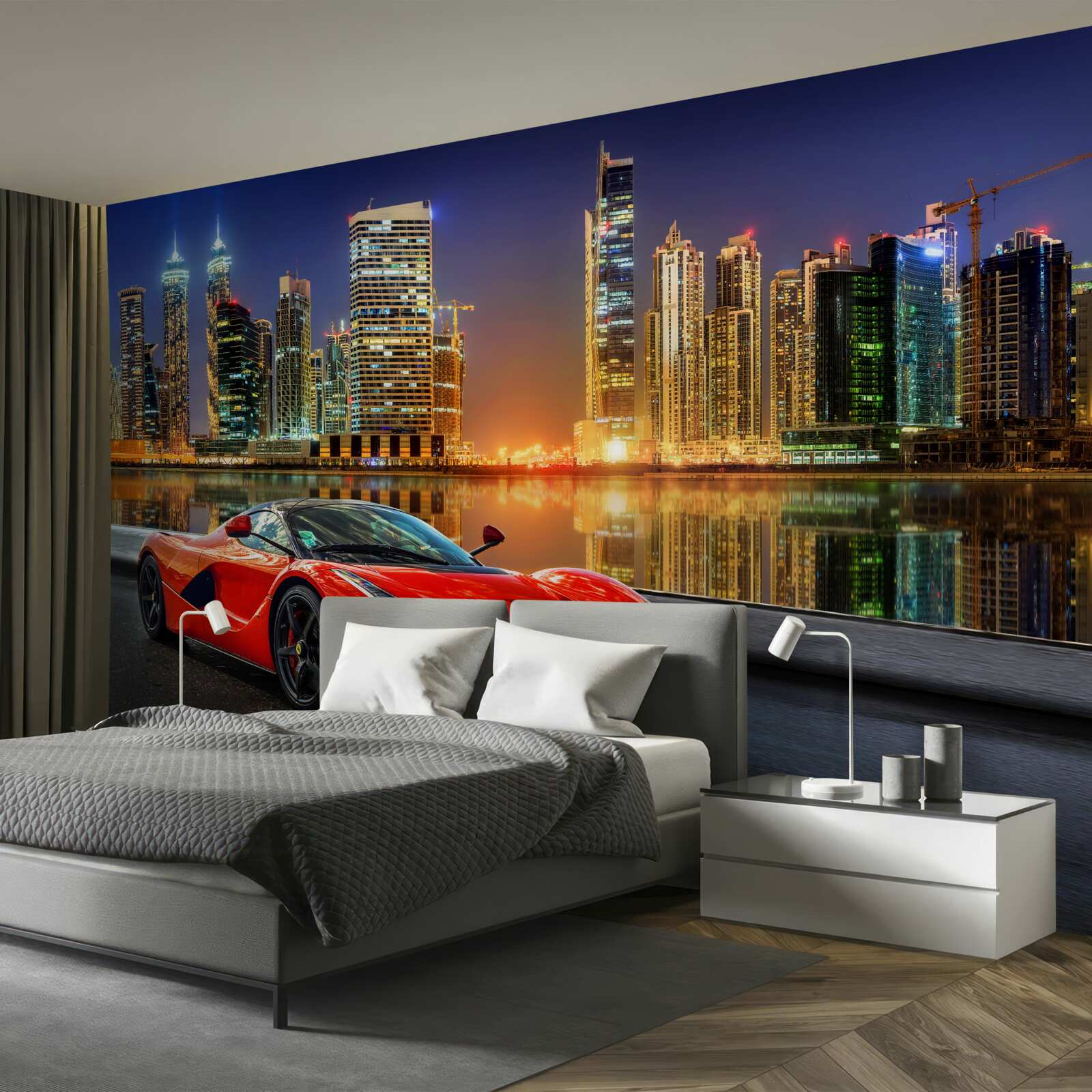 Fototapeten Sportwagen mit einer Nachtlandschaft im Hintergrund