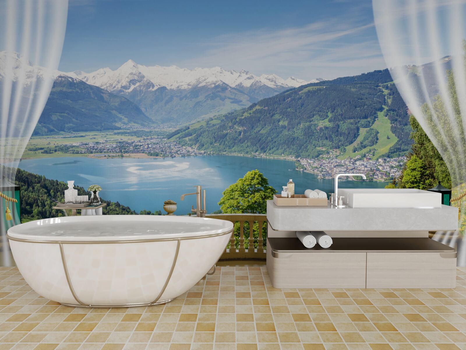 Fototapeten Ein bequemer Balkon mit einem wunderschönen Panorama