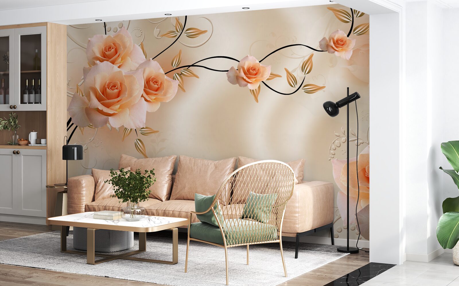 Fototapeten Pfirsichseide mit rosa Blumen