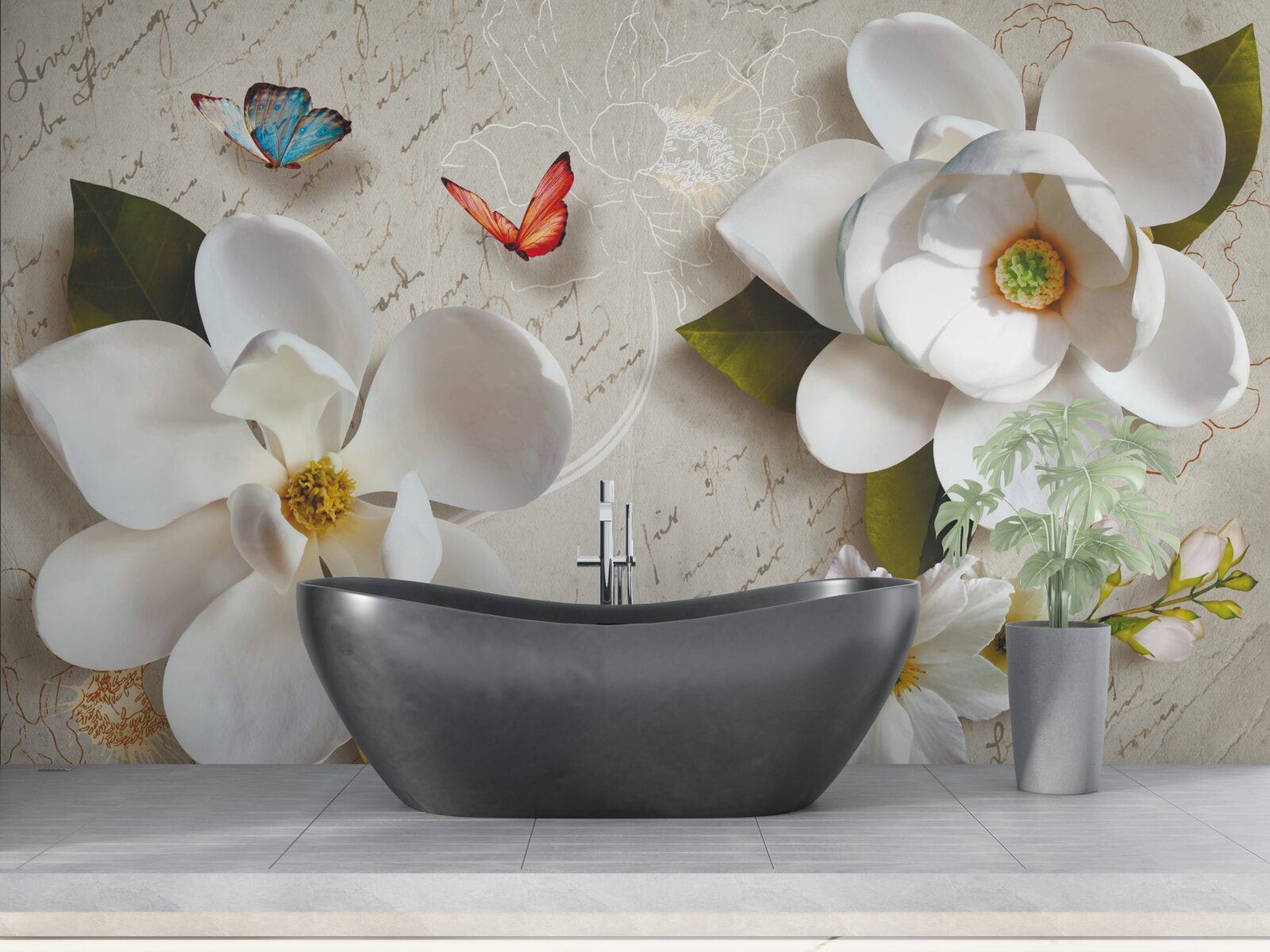 Fototapeten Weißer Lotus mit Schmetterlingen, deren Zärtlichkeit die Seele bewegt
