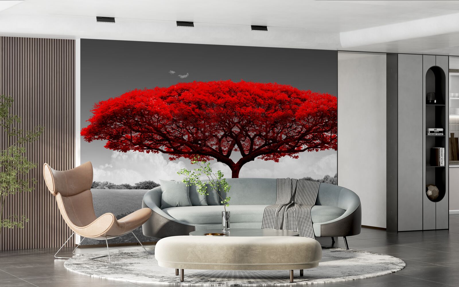 Fototapeten Das Leben ist ein roter Baum im grauen Raum der Lichtung