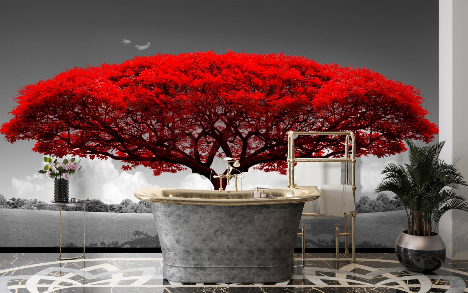 Fototapeten Das Leben ist ein roter Baum im grauen Raum der Lichtung