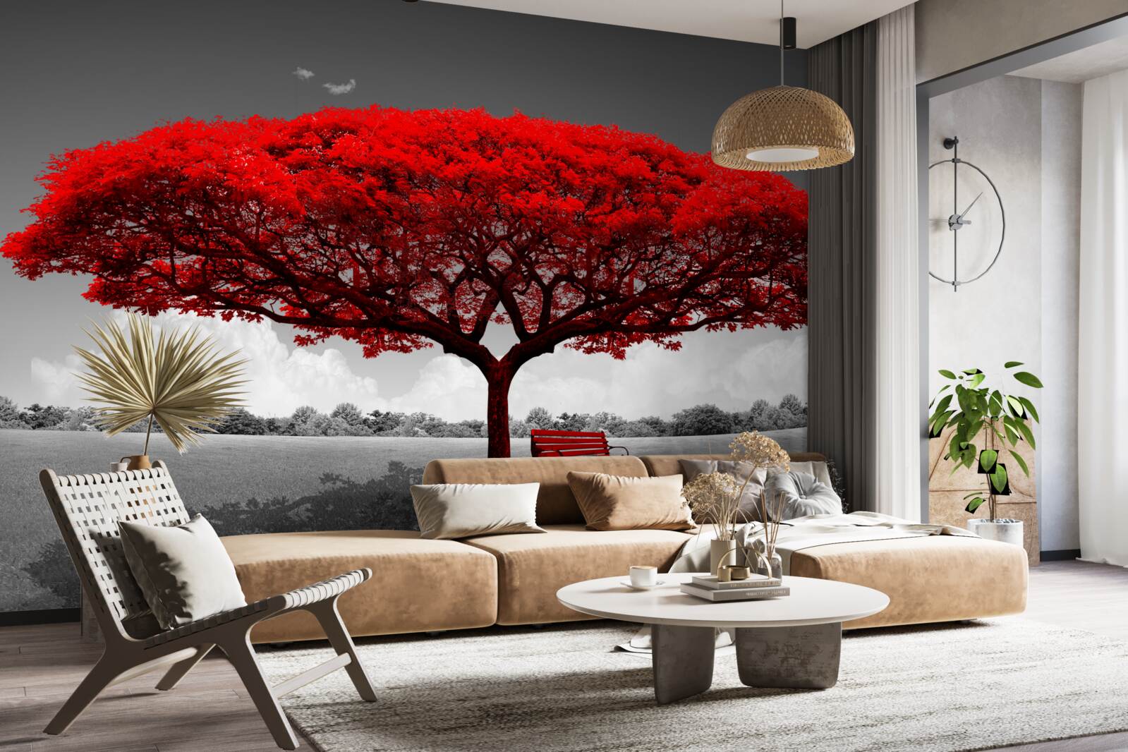 Fototapeten Das Leben ist ein roter Baum im grauen Raum der Lichtung