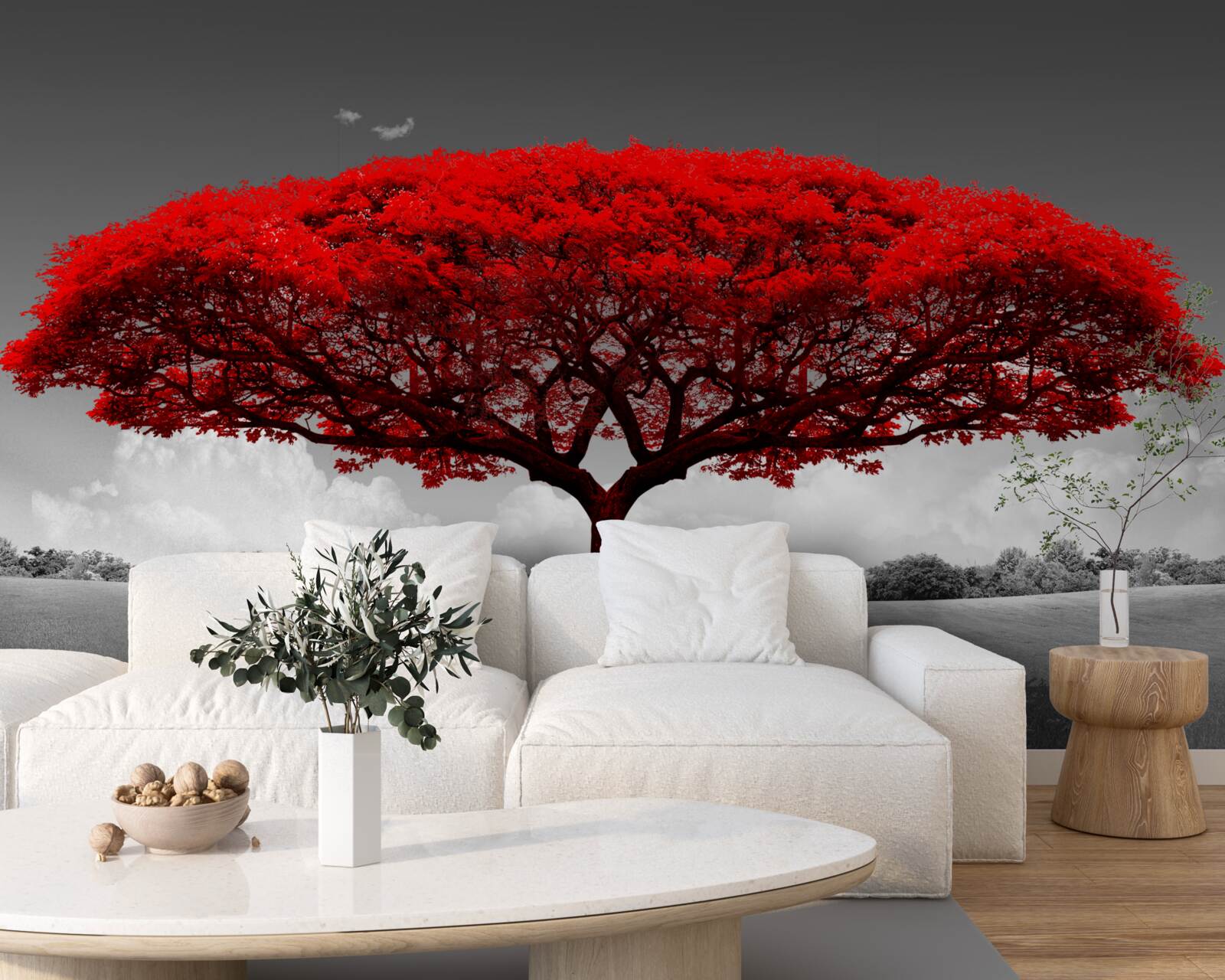 Fototapeten Das Leben ist ein roter Baum im grauen Raum der Lichtung