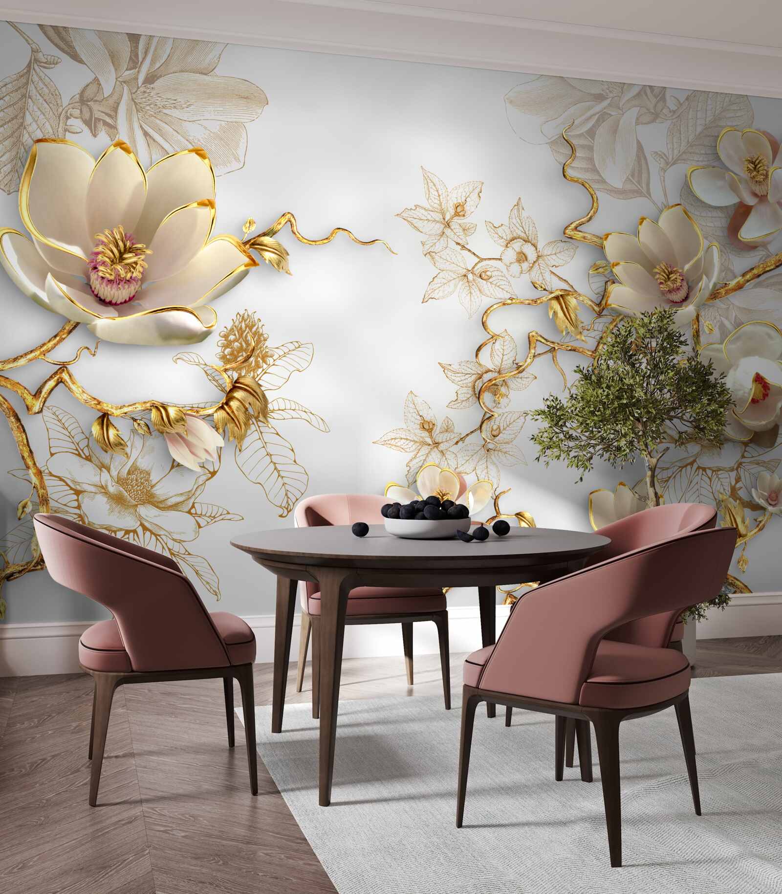Fototapeten Magnolien blühen in goldenen Farbtönen