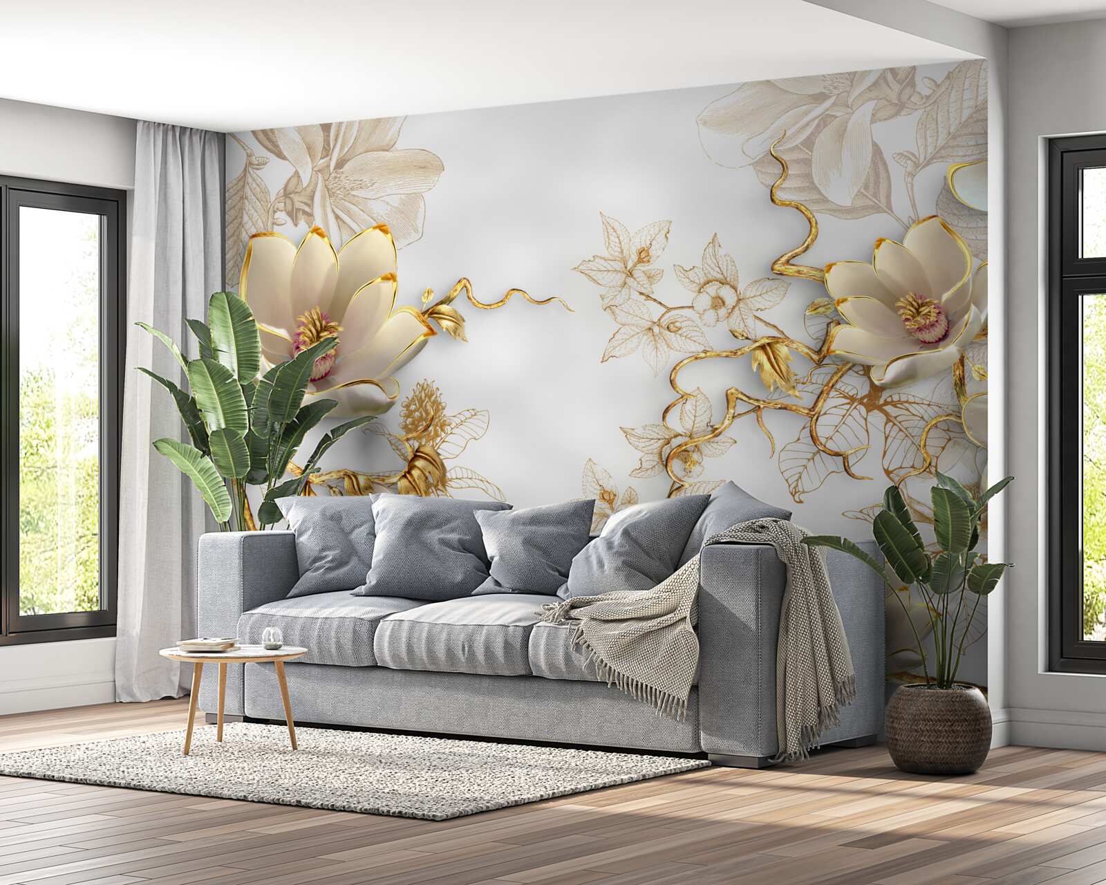 Fototapeten Magnolien blühen in goldenen Farbtönen