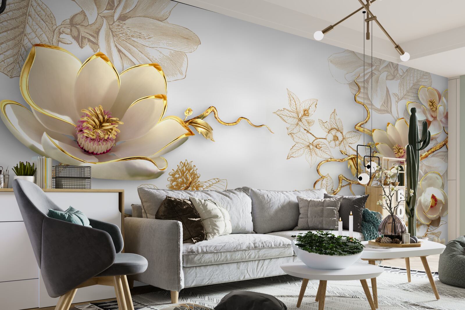 Fototapeten Magnolien blühen in goldenen Farbtönen