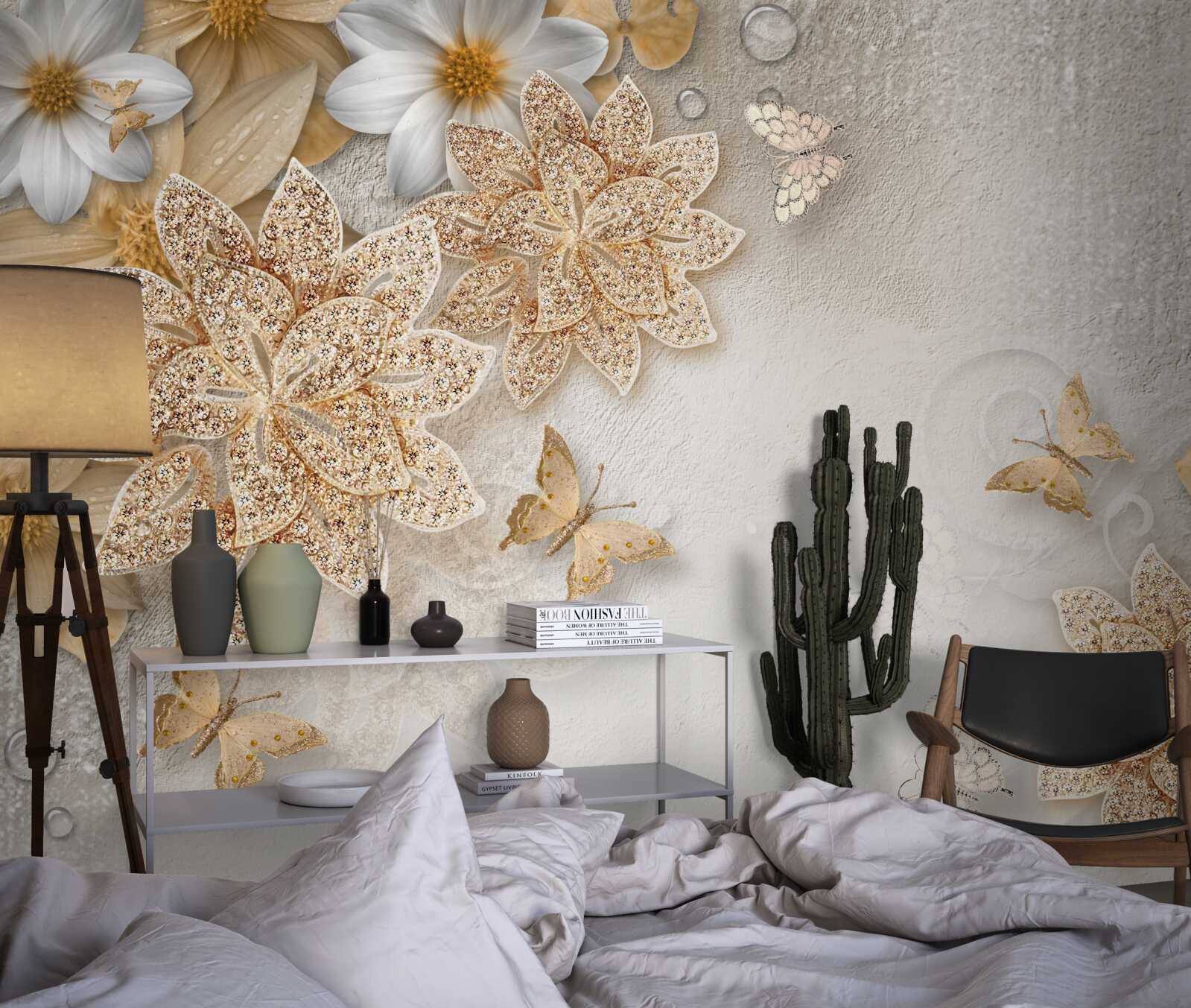 Fototapeten Weiße Lotos und Blumen mit einer goldenen Spaltung