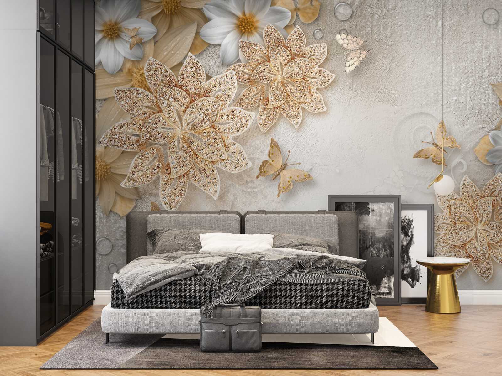 Fototapeten Weiße Lotos und Blumen mit einer goldenen Spaltung