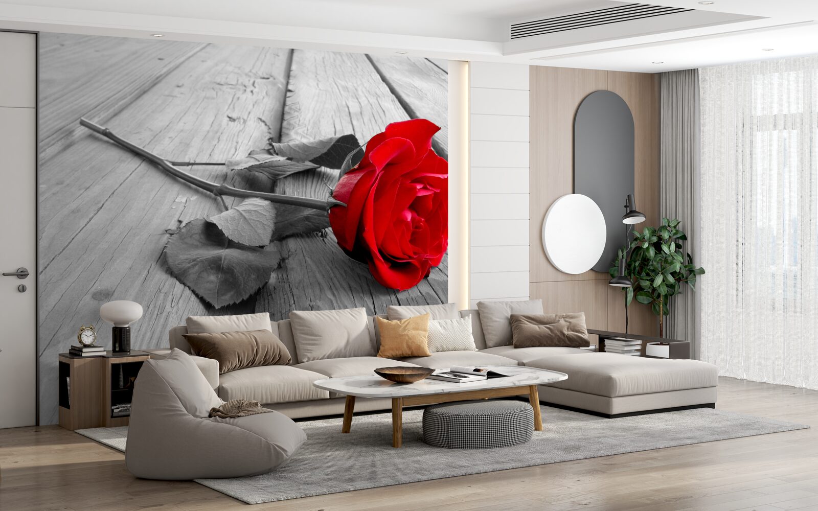 Fototapeten Eine rote Rose blühte auf grauem Hintergrund