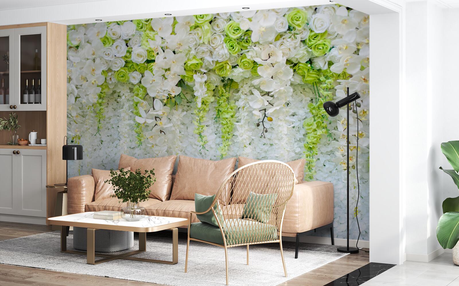 Fototapeten Verschiedene Rosen und Zweige der weißen Orchidee