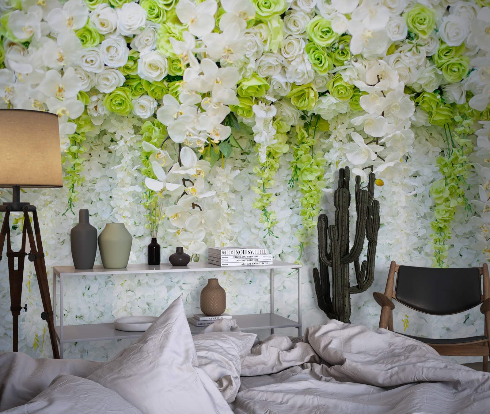 Fototapeten Verschiedene Rosen und Zweige der weißen Orchidee