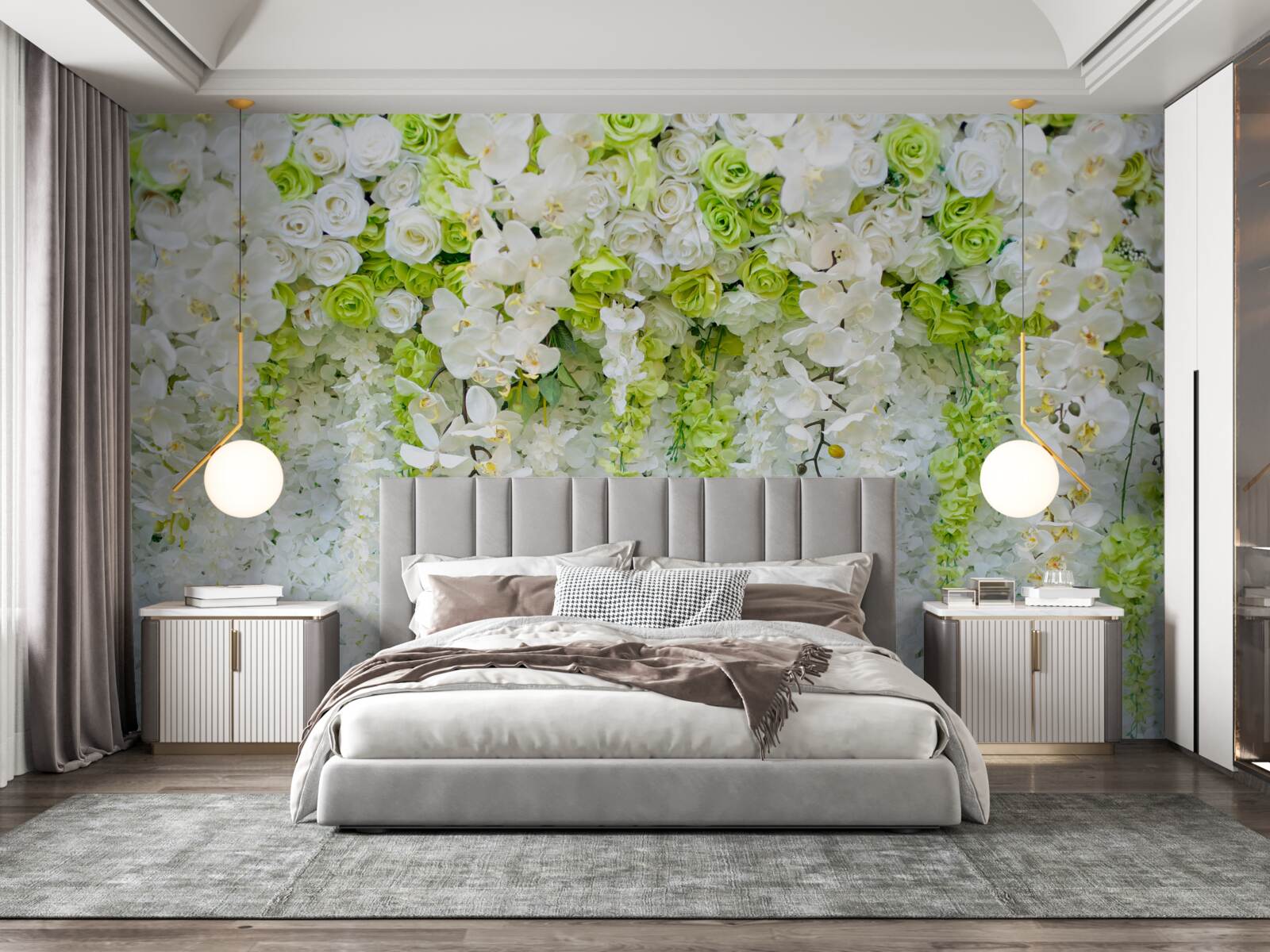 Fototapeten Verschiedene Rosen und Zweige der weißen Orchidee