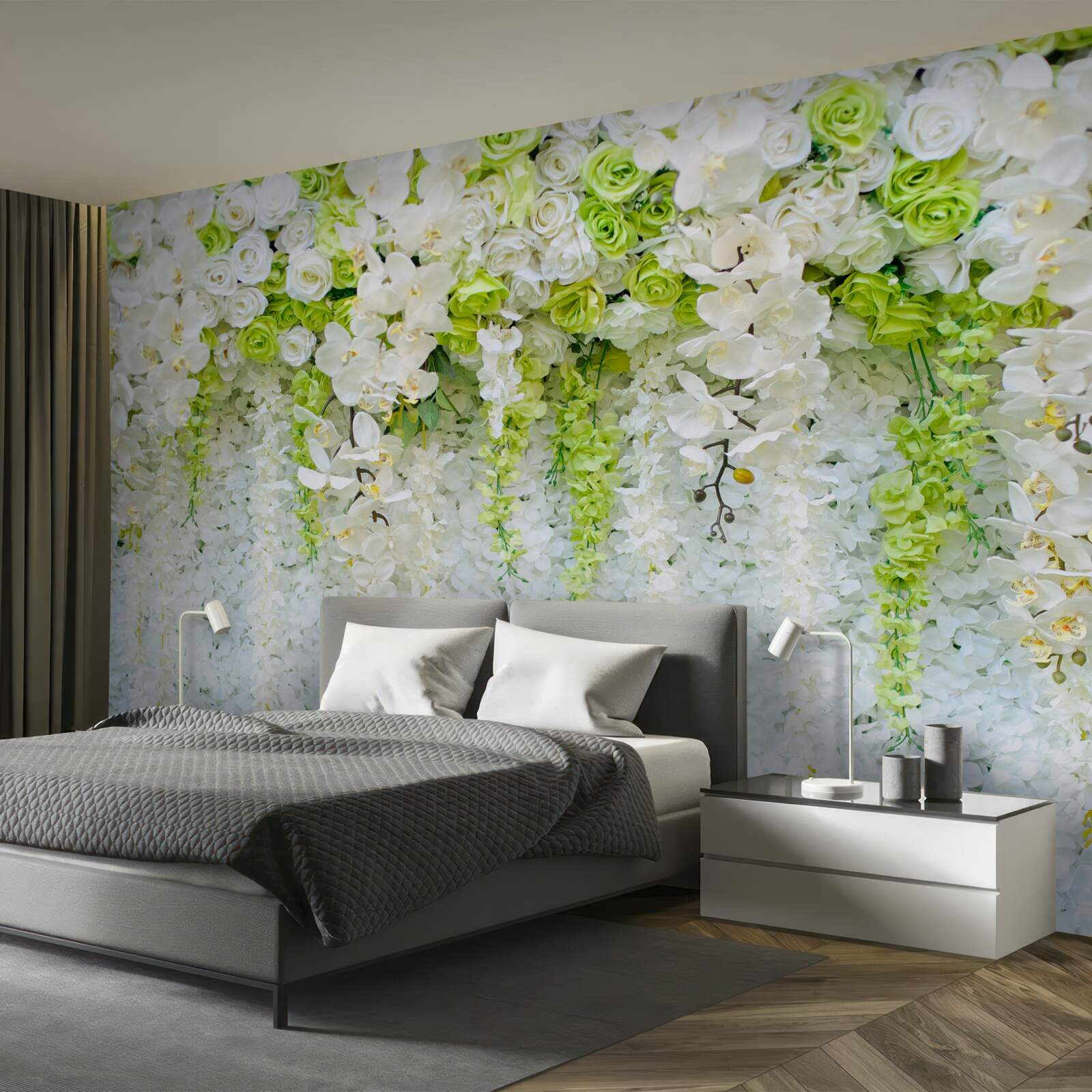 Fototapeten Verschiedene Rosen und Zweige der weißen Orchidee