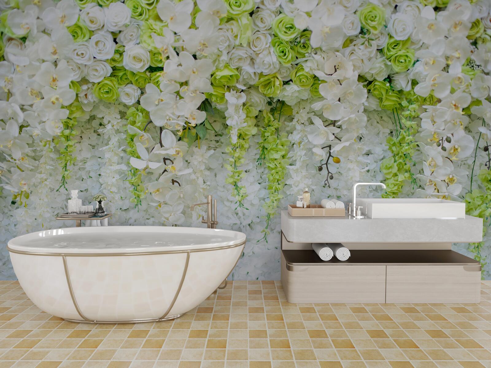 Fototapeten Verschiedene Rosen und Zweige der weißen Orchidee