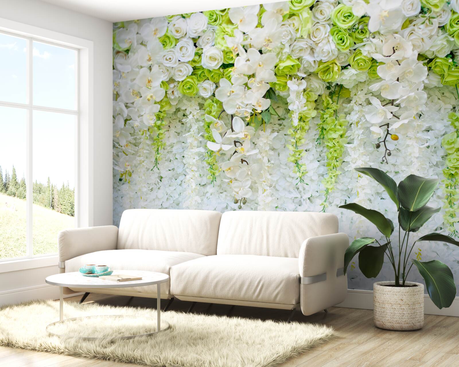 Fototapeten Verschiedene Rosen und Zweige der weißen Orchidee