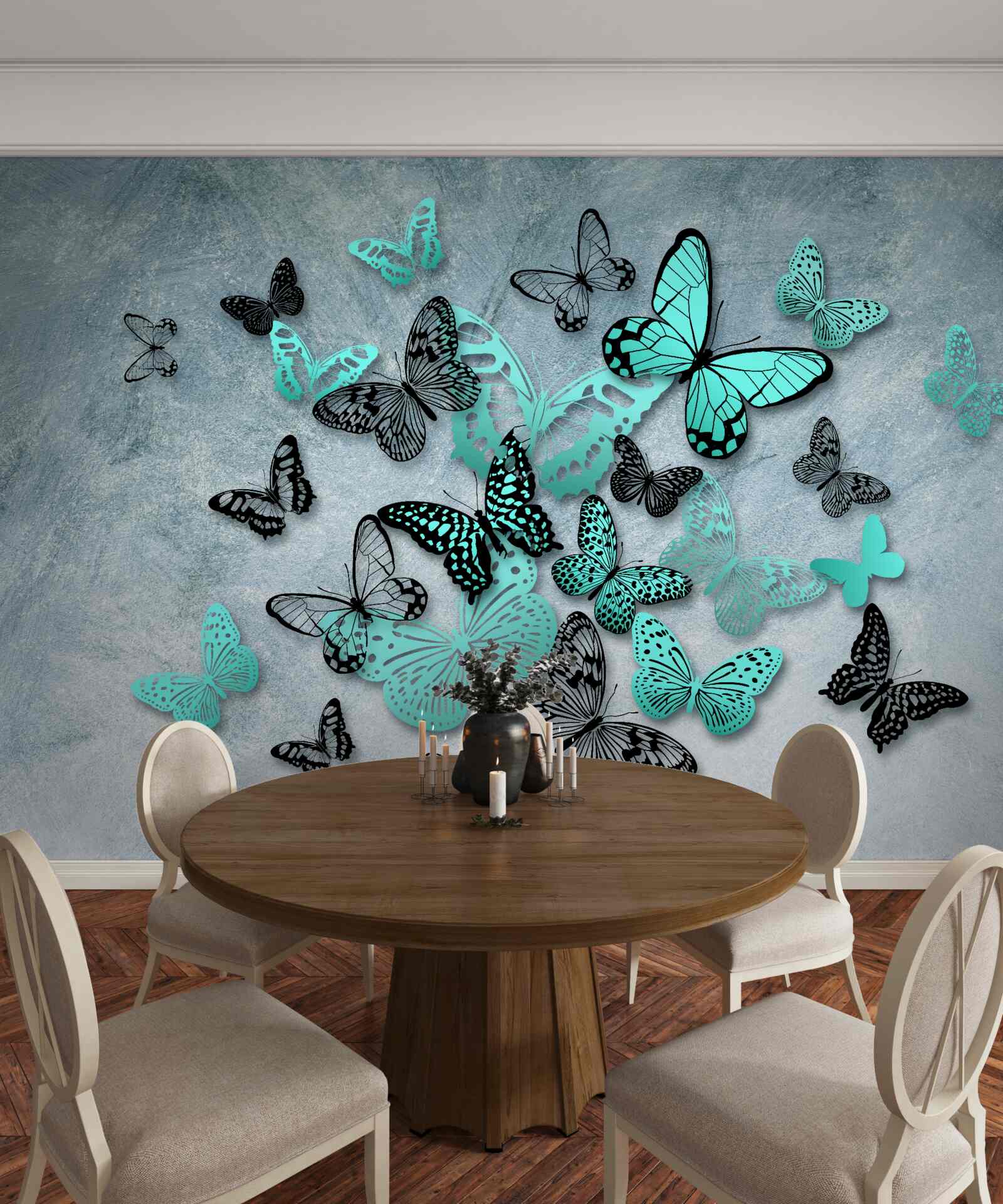 Fototapeten Blaue Schmetterlinge auf grauem Hintergrund