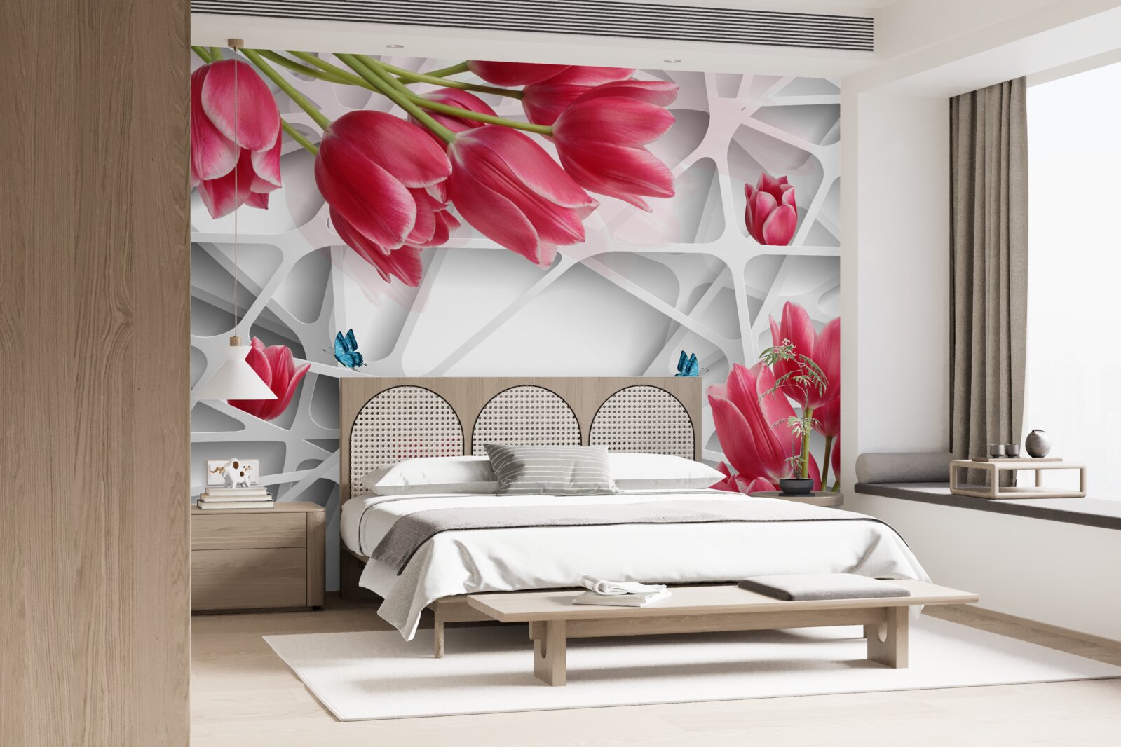 Fototapeten Schmetterlinge und scharlachrote Knospen von Tulpen