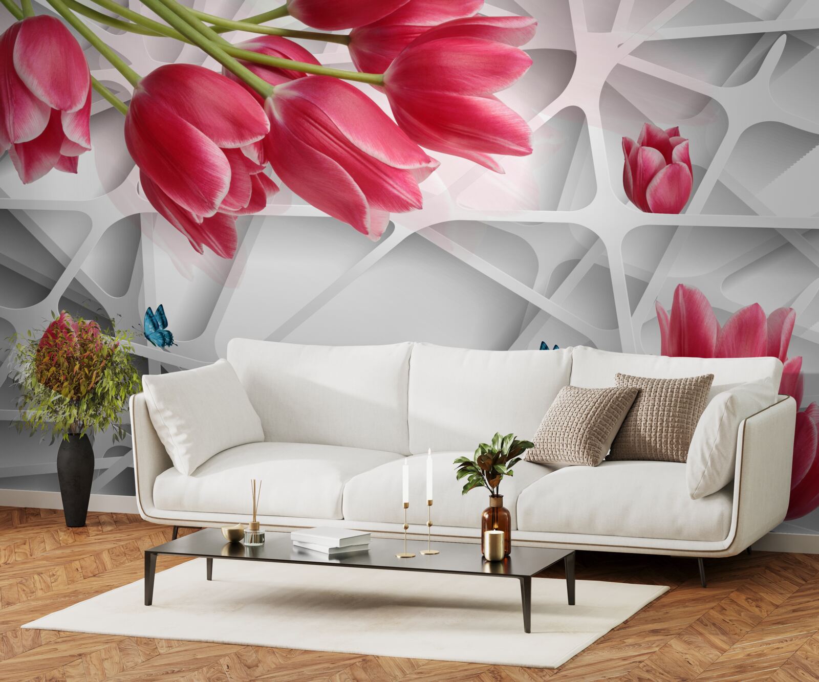 Fototapeten Schmetterlinge und scharlachrote Knospen von Tulpen
