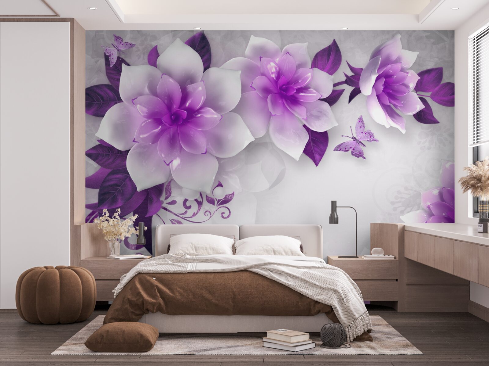 Fototapeten Der weiße Hintergrund ist mit lila Blüten dekoriert