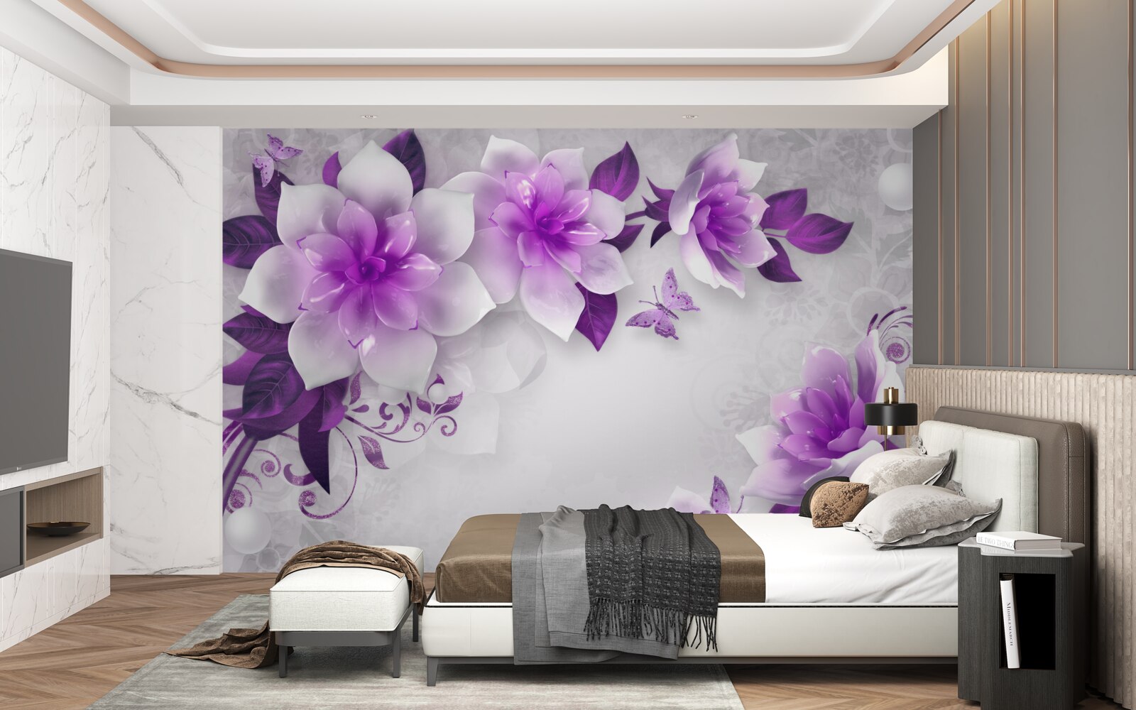 Fototapeten Der weiße Hintergrund ist mit lila Blüten dekoriert