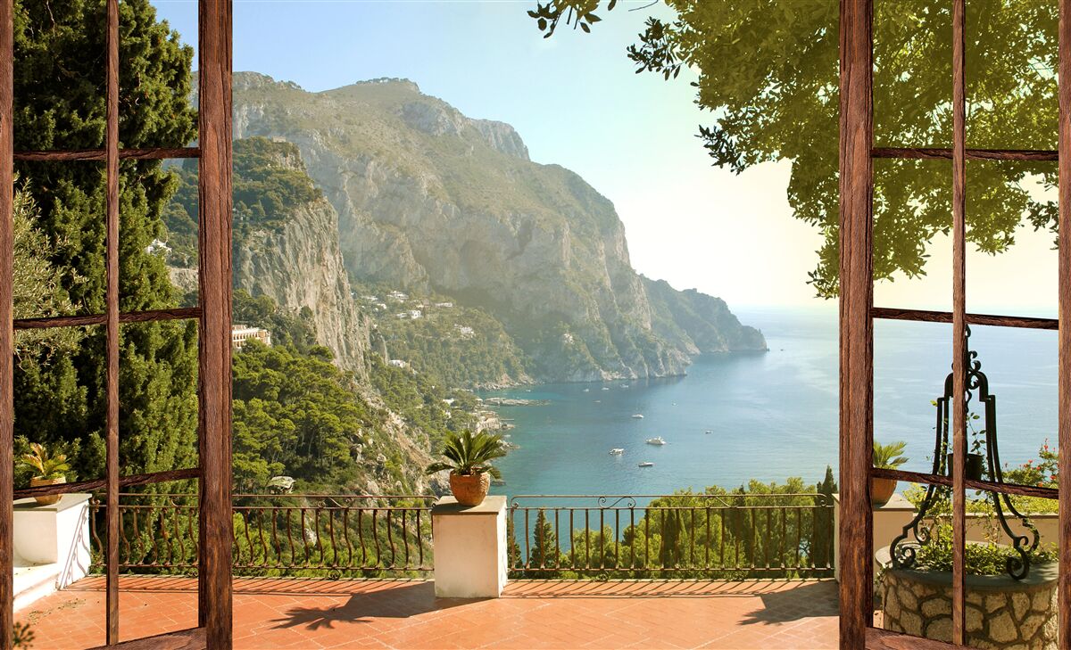Fototapeten Blick auf das Meer und die Berge direkt vom Balkon vom Balkon