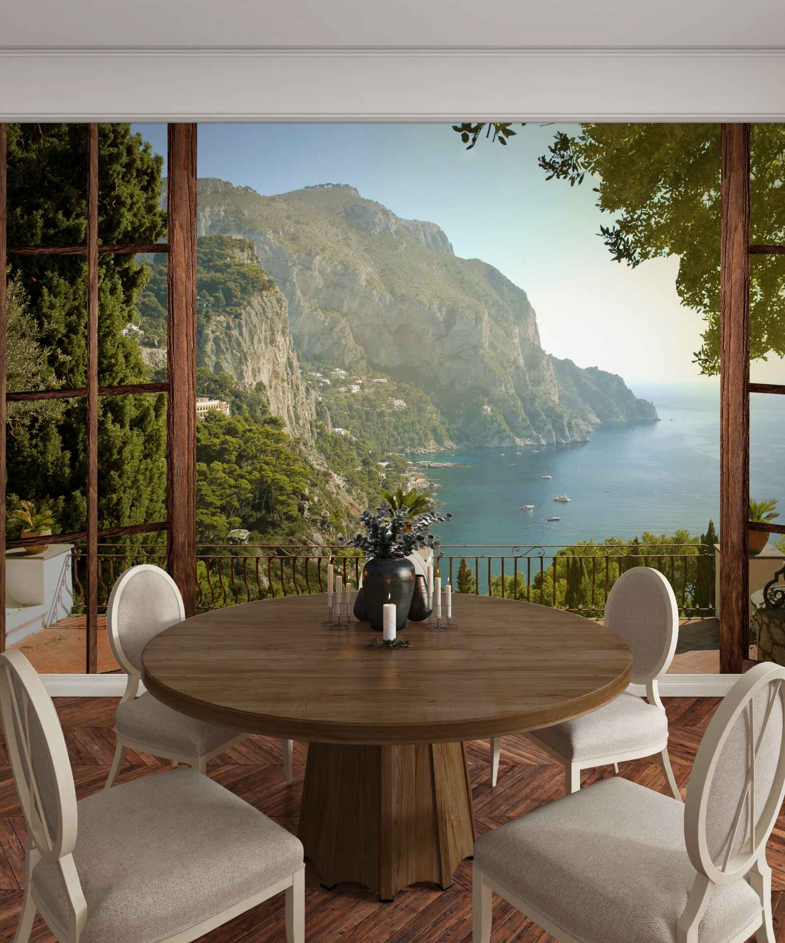 Fototapeten Blick auf das Meer und die Berge direkt vom Balkon vom Balkon
