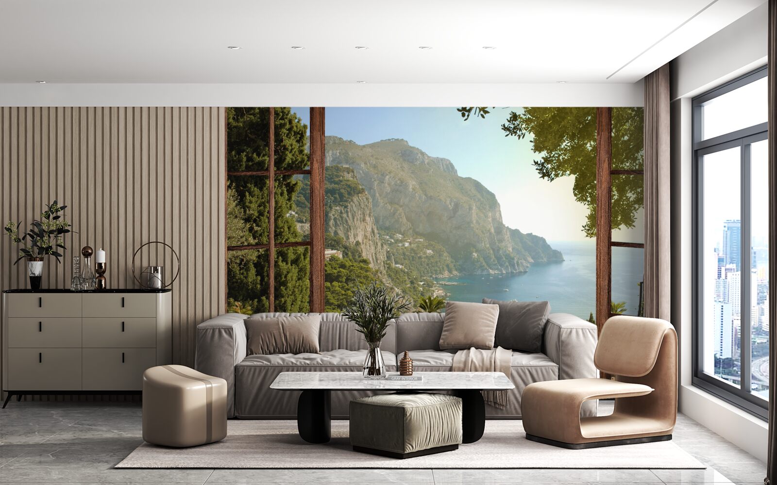 Fototapeten Blick auf das Meer und die Berge direkt vom Balkon vom Balkon
