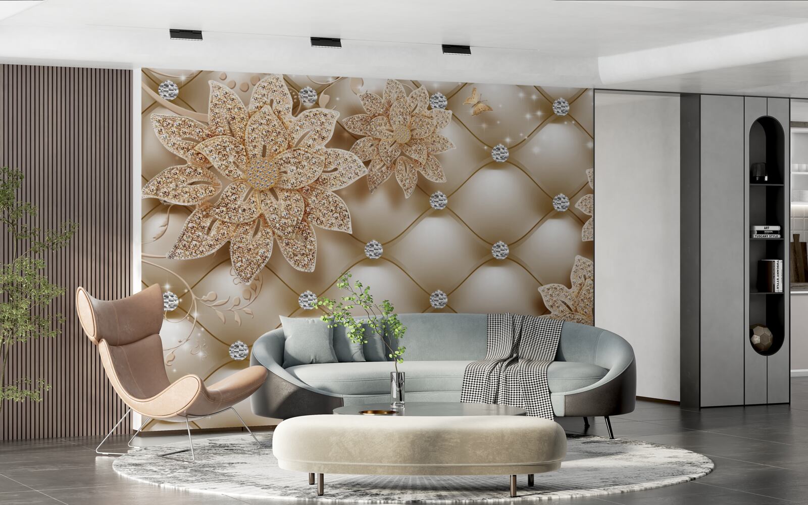 Fototapeten Perlen sind mit goldenen Blumen dekoriert