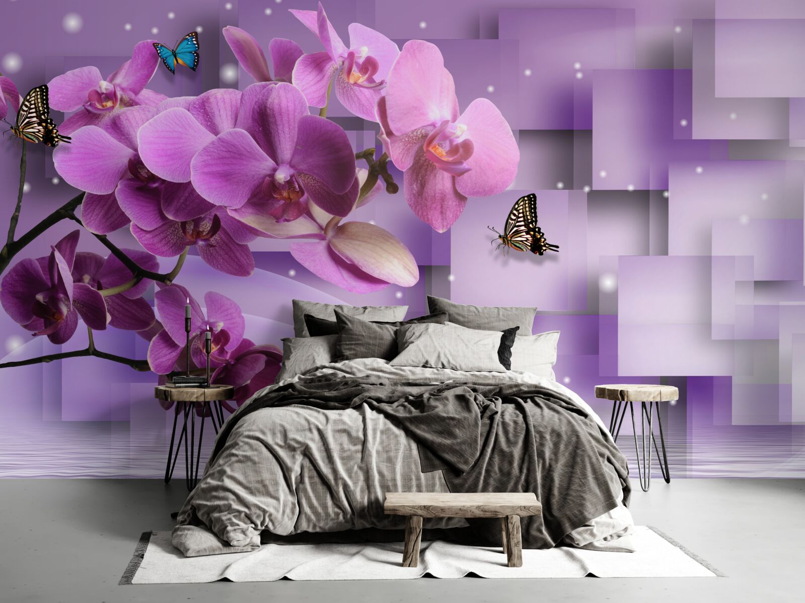 Fototapeten Zusammensetzung dünner Orchideen und Schmetterlinge