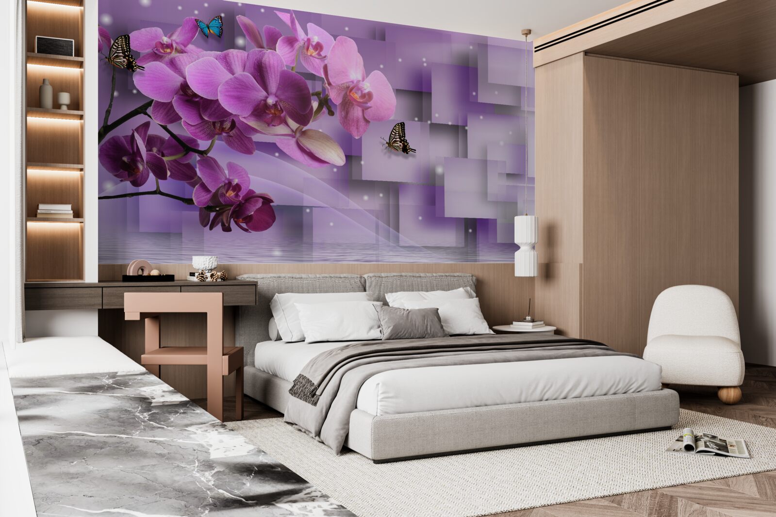 Fototapeten Zusammensetzung dünner Orchideen und Schmetterlinge