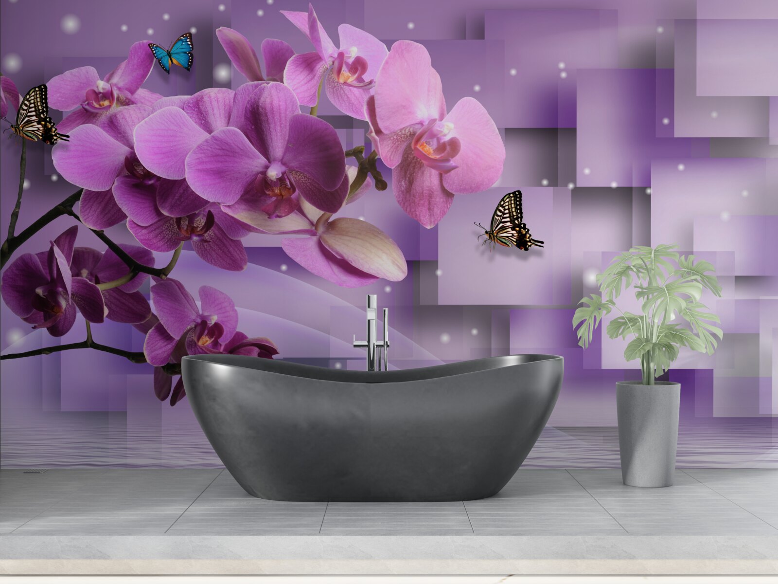 Fototapeten Zusammensetzung dünner Orchideen und Schmetterlinge