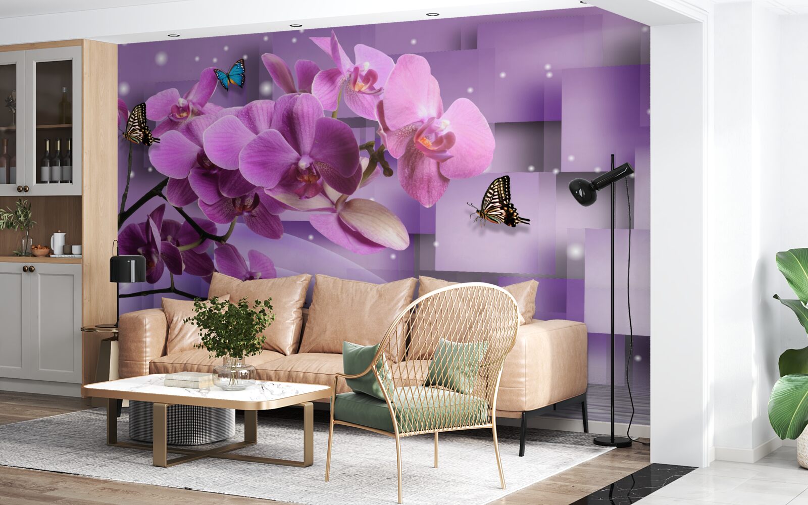 Fototapeten Zusammensetzung dünner Orchideen und Schmetterlinge