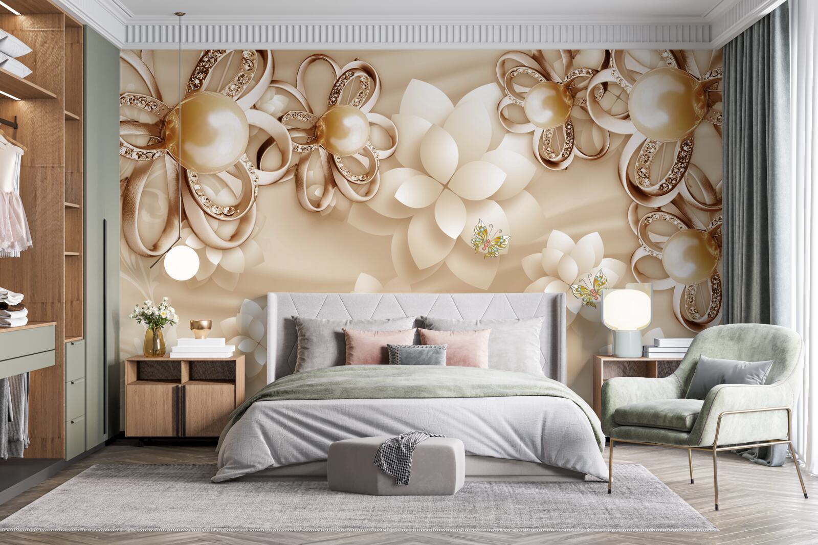 Fototapeten Magnolienblüten sind schneeweiß mit goldenen Akzenten