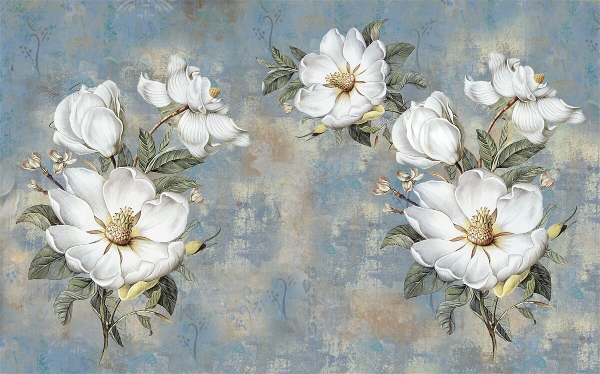 Fototapeten Weiße Blüten blühten an der bemalten Wand