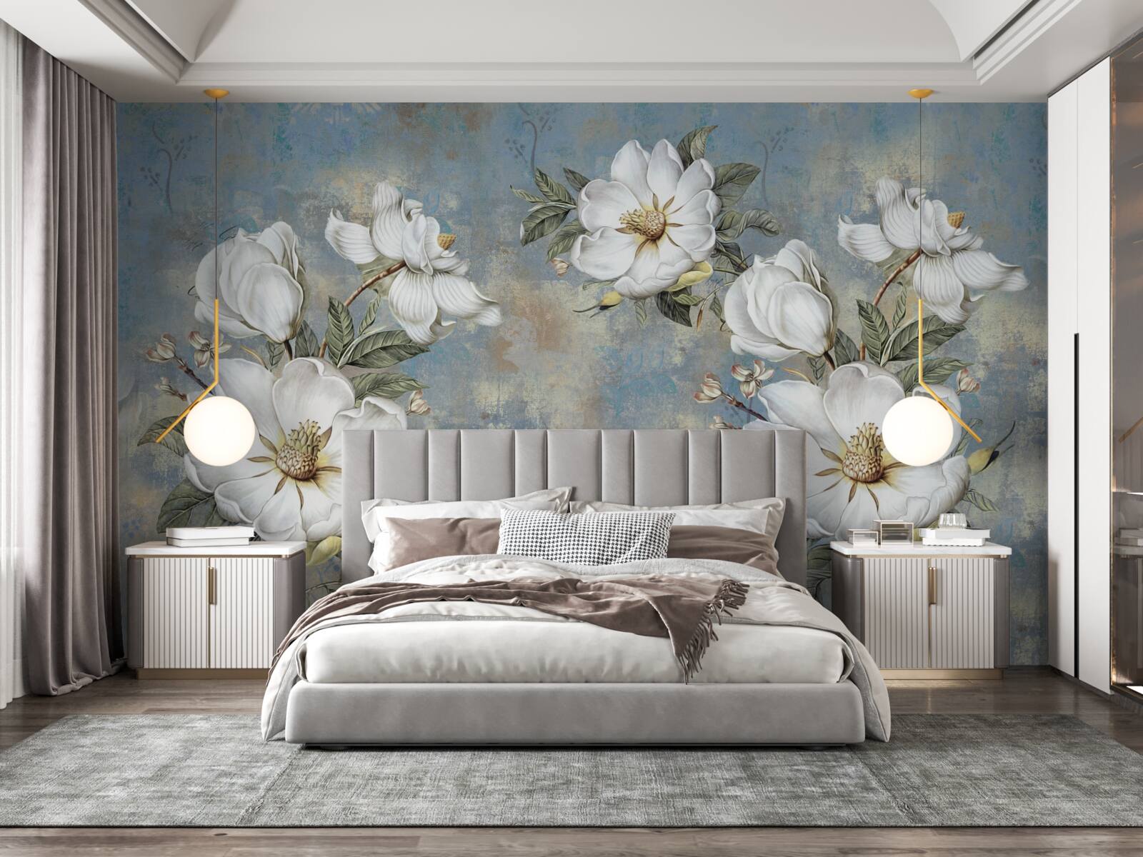 Fototapeten Weiße Blüten blühten an der bemalten Wand