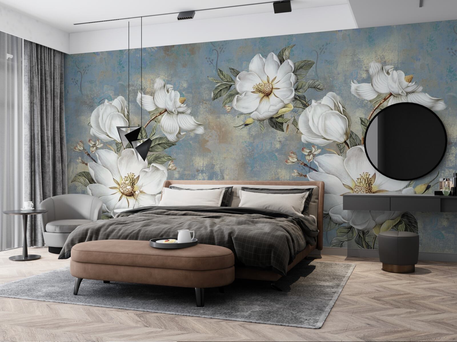 Fototapeten Weiße Blüten blühten an der bemalten Wand