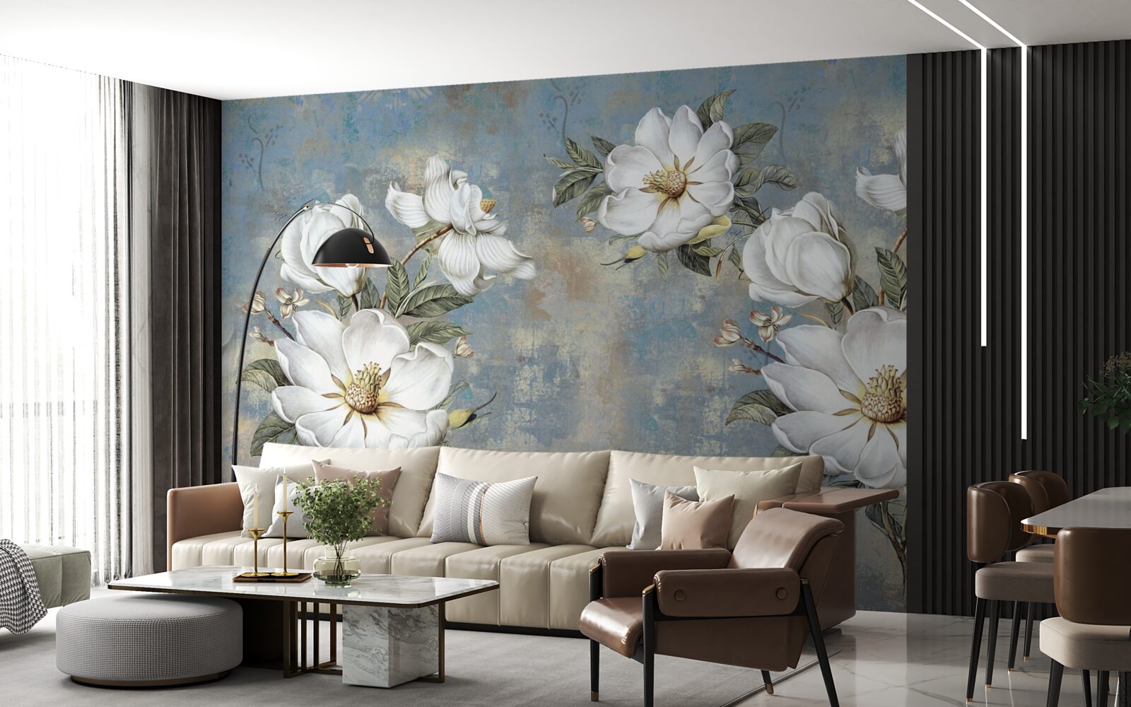 Fototapeten Weiße Blüten blühten an der bemalten Wand