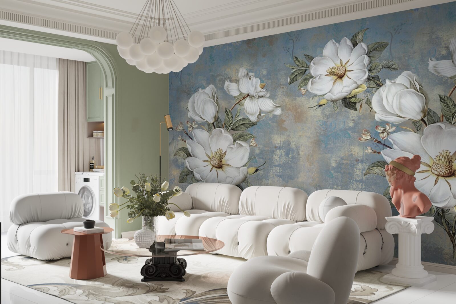Fototapeten Weiße Blüten blühten an der bemalten Wand