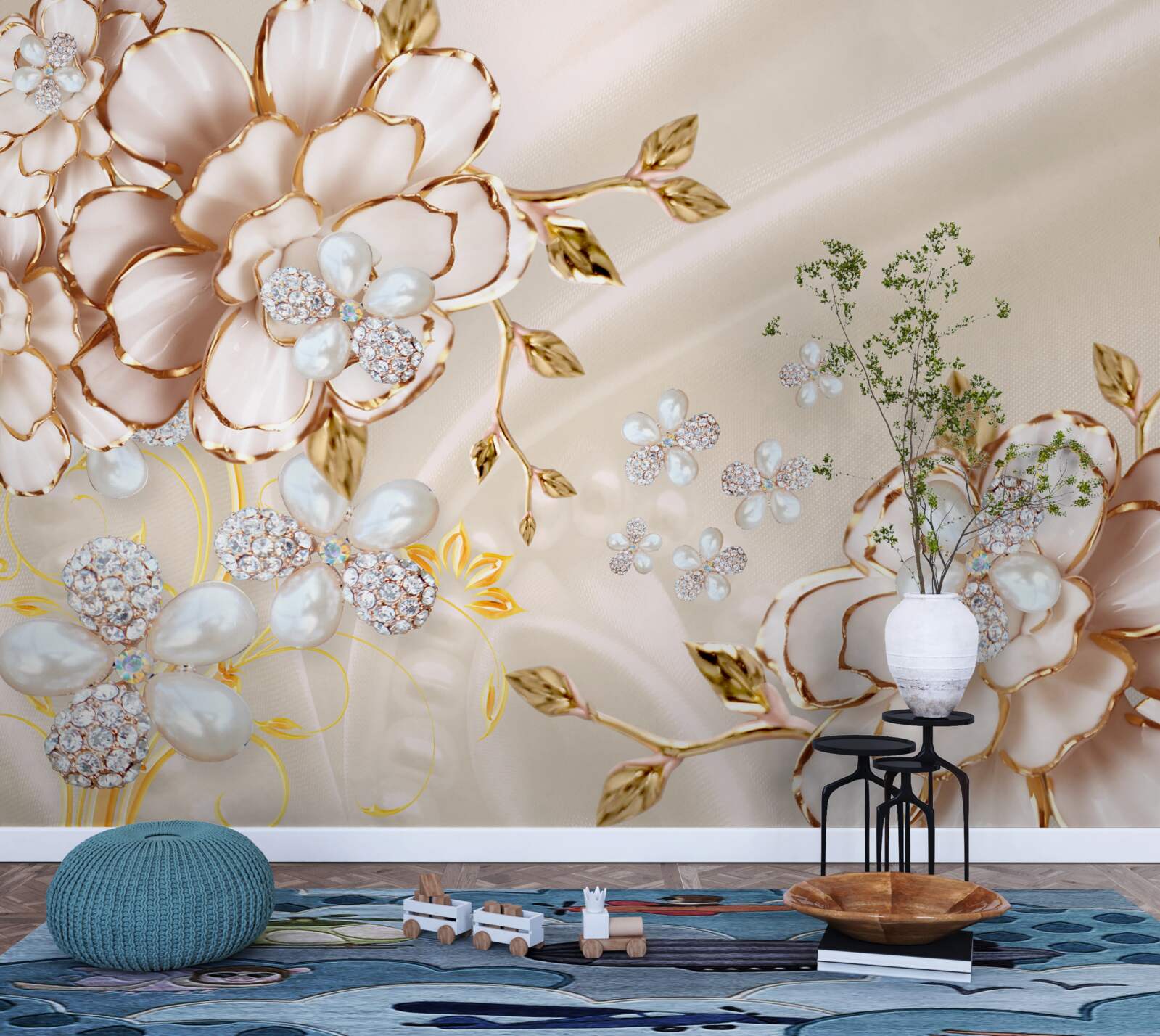 Fototapeten Blumen mit einem goldenen Diamantglitter