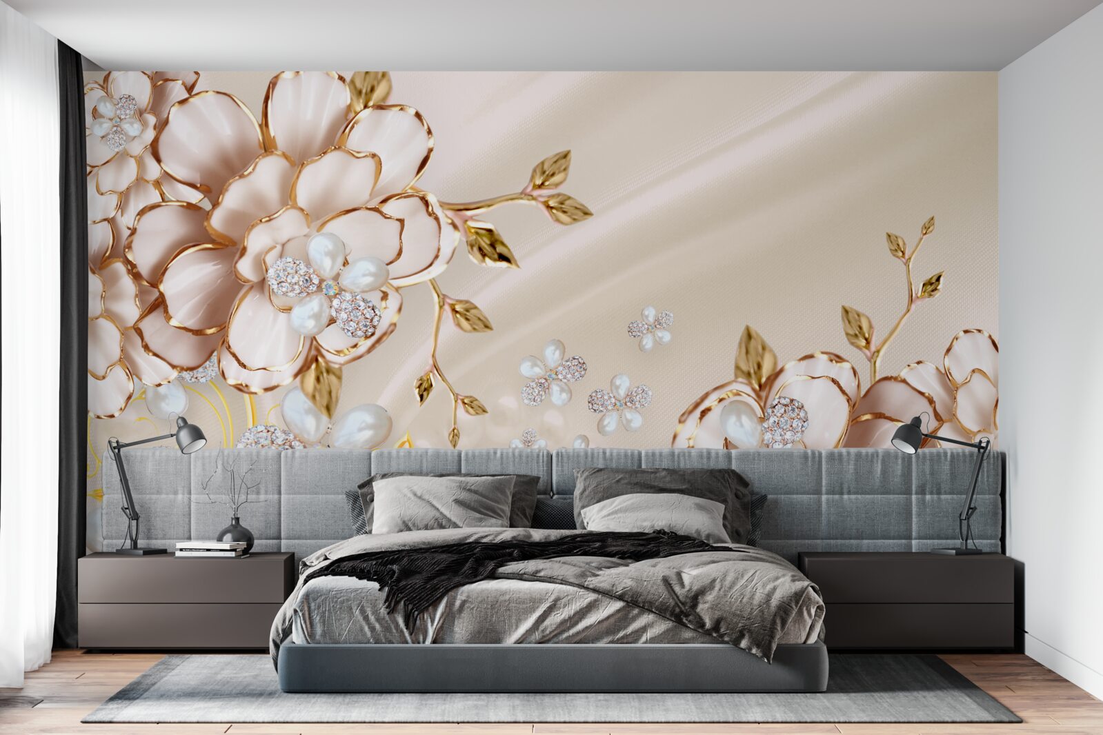 Fototapeten Blumen mit einem goldenen Diamantglitter