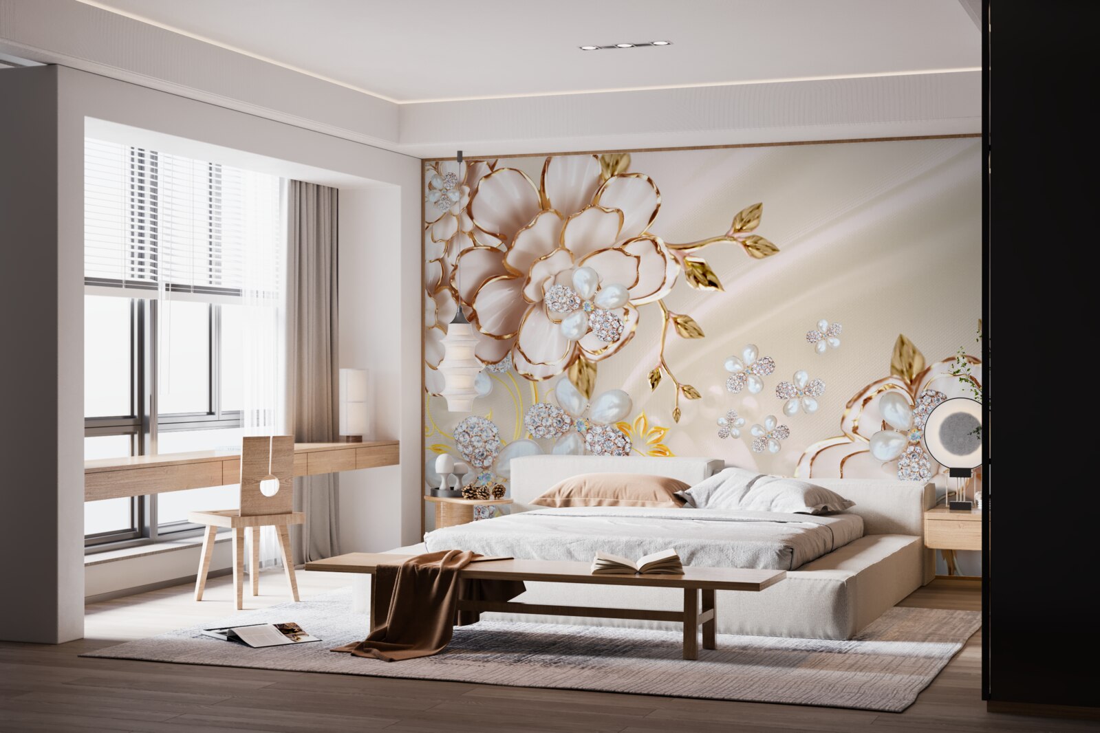 Fototapeten Blumen mit einem goldenen Diamantglitter
