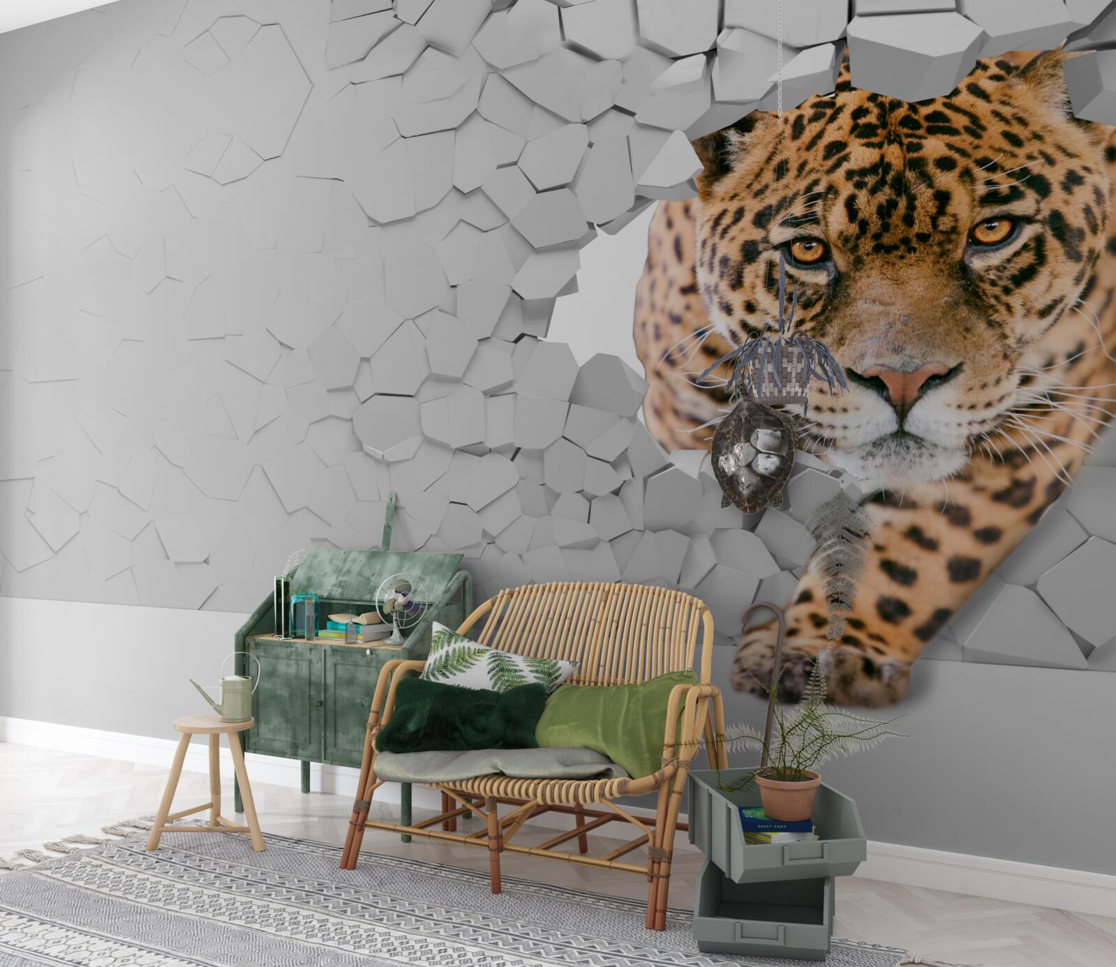 Fototapeten Der Leopard bricht durch die Steinbarriere