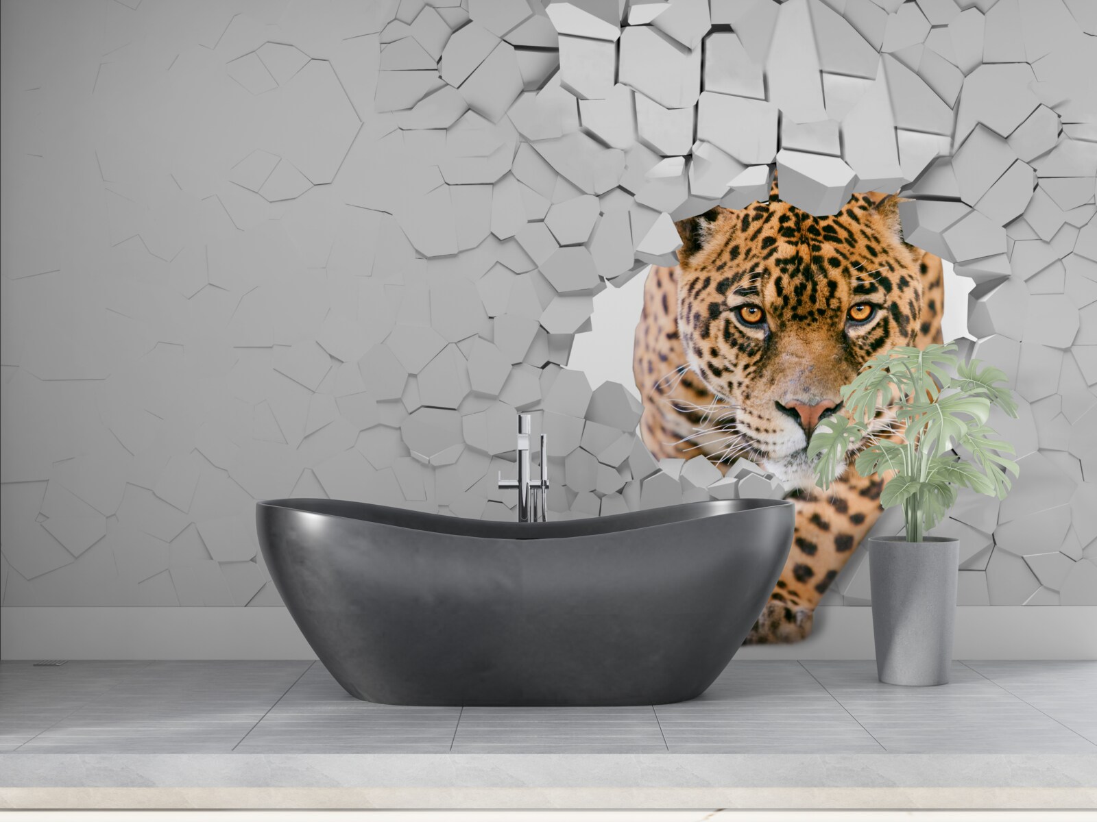 Fototapeten Der Leopard bricht durch die Steinbarriere
