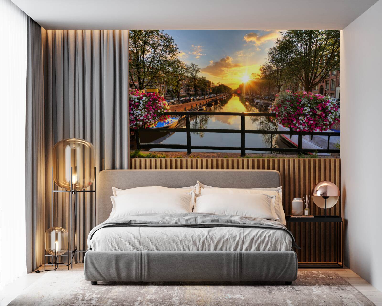 Fototapeten Sonnenuntergang von der Brücke in Amsterdam beobachten
