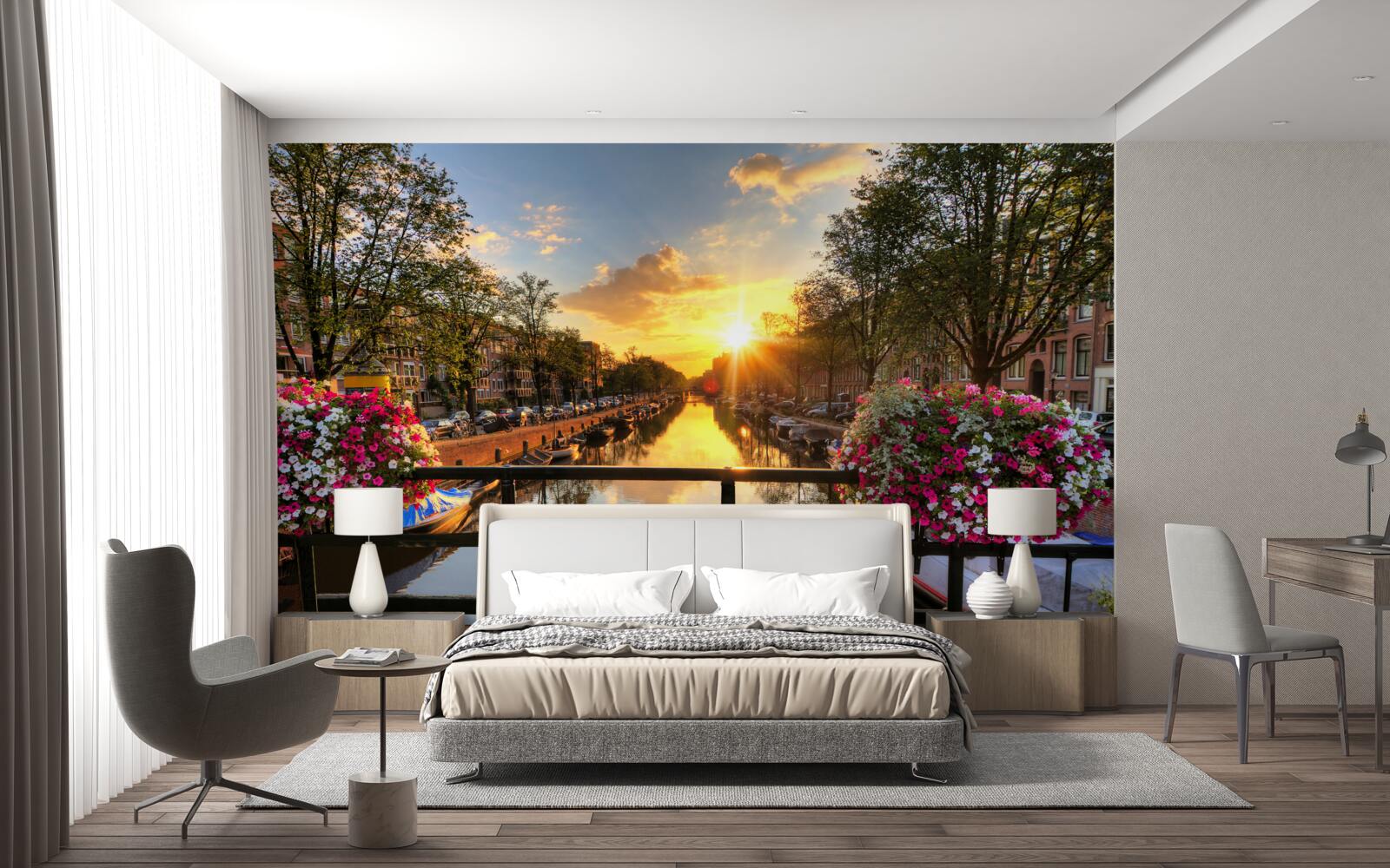 Fototapeten Sonnenuntergang von der Brücke in Amsterdam beobachten
