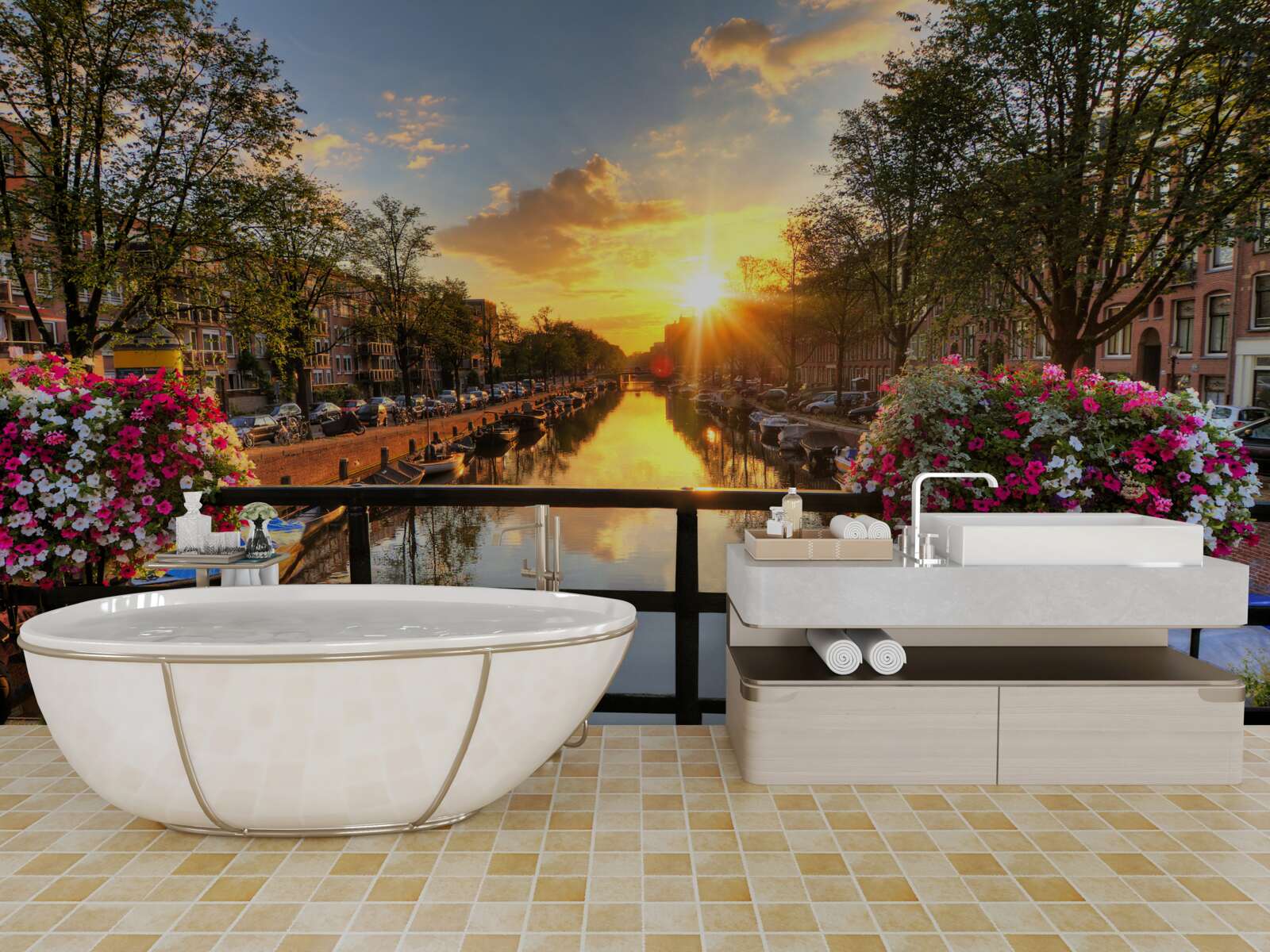 Fototapeten Sonnenuntergang von der Brücke in Amsterdam beobachten